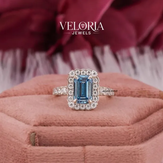 Blue Emerald-Cut Halo Ring